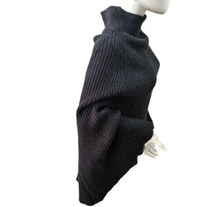Keyingyi Cashmere Blnd Rib Knit Poncho Sweater High Neck Womens OS Charcoal Gray